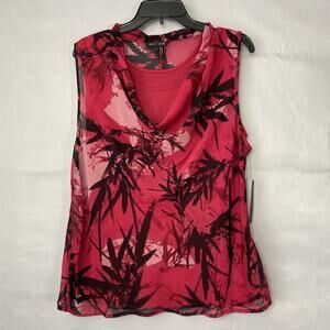 NIC+ZOE Top L Sleeveless Red Colorful Cowl Floral Shell Lined Sheer Blouse Tank